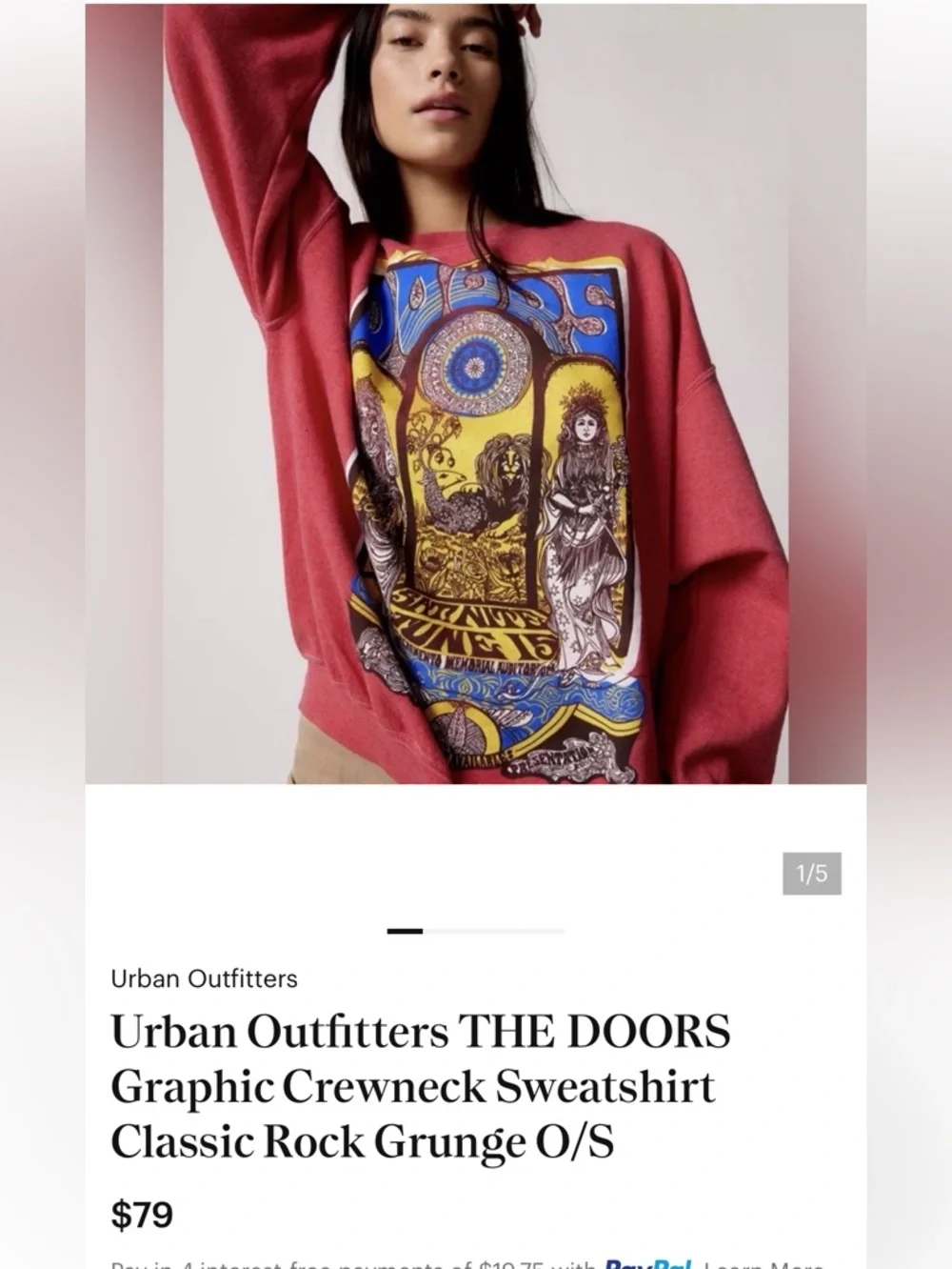 Urban Outfitters Red Crewneck Sweatshirt with Vintage Rock Graphic- The Doors - Picture 1 of 4